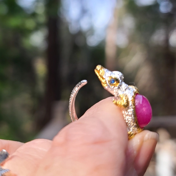 Star ๐ sapphire crocodile ๐ sterling & gold ring sz8 adjustable - Picture 3 of 7